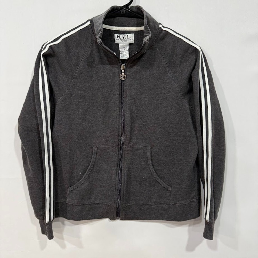 NYL Track Jacket Womens PM Gray White Striped Full Zip Petite Fit Vintage